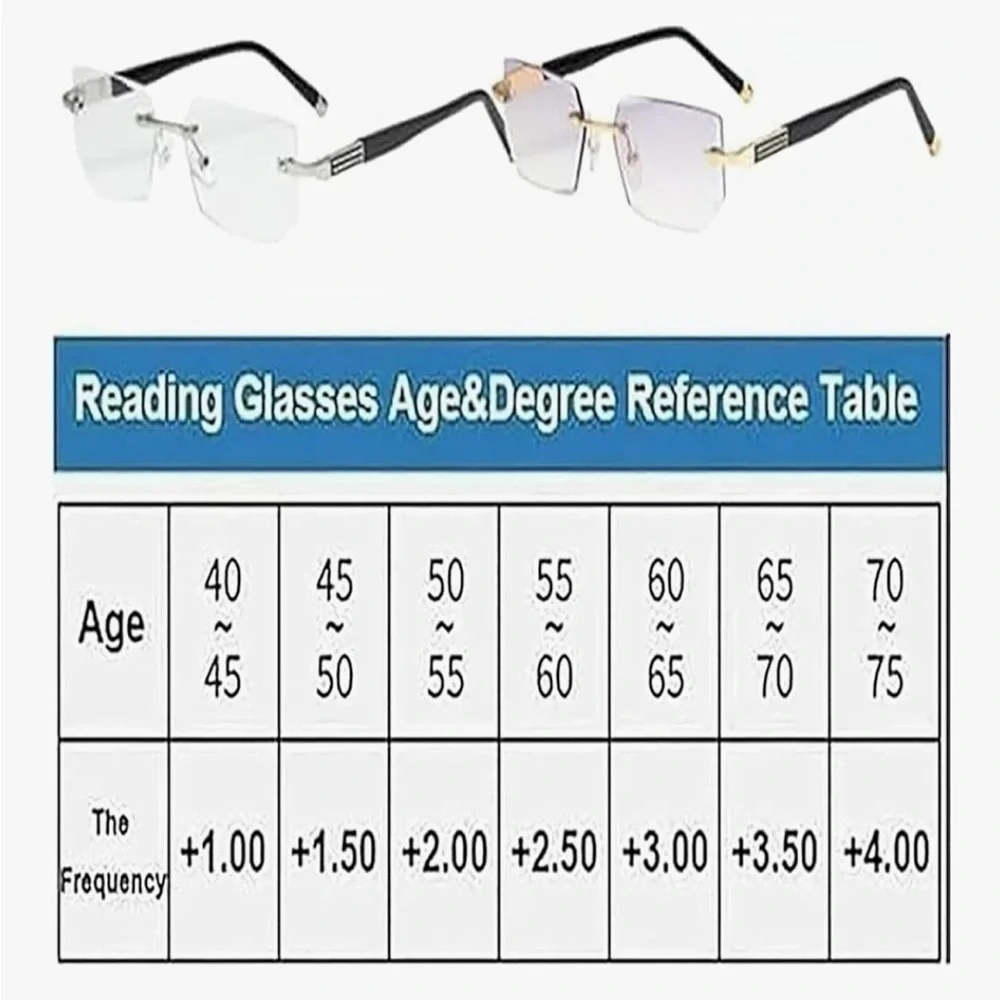 Black Rimless Reading/Magnifying Glasses Unisex +200